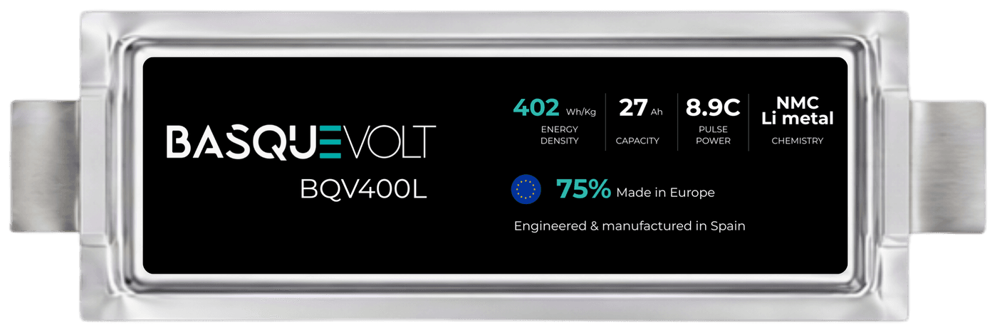 Basquevolt BQV400L lithium-metal pouch cell — 402 Wh/kg, 27Ah, 8.9C, NMC/Li-metal chemistry, 75% made in Europe